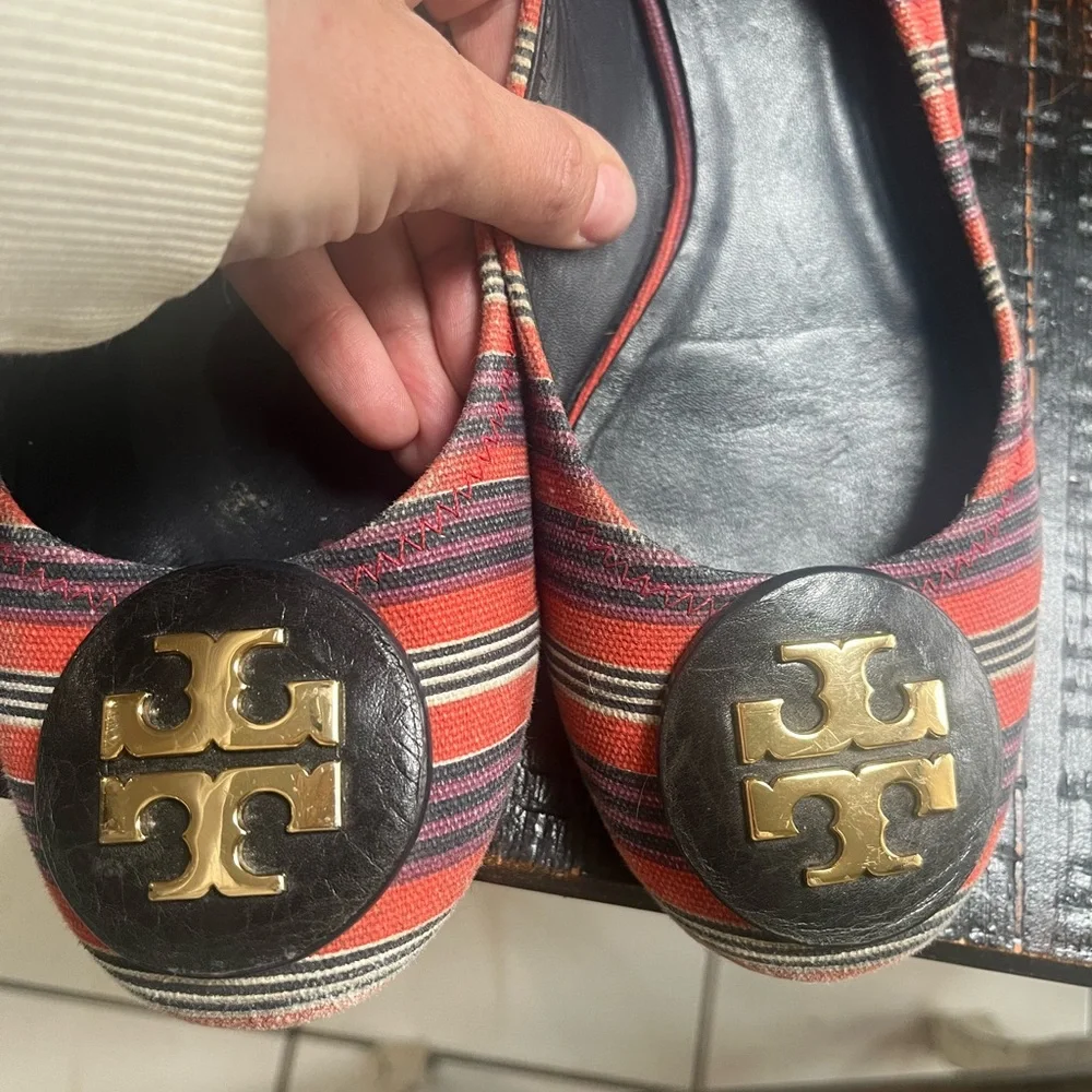 Tory Burch Red Striped Canvas Logo Flats with Black Trim